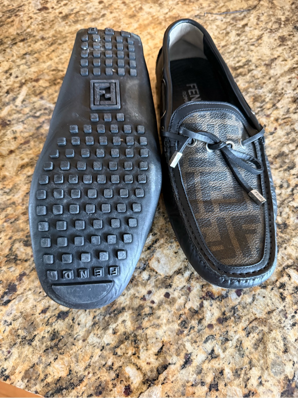 Fendi Black & Dark Brown Ff Pattern Driving Loafers